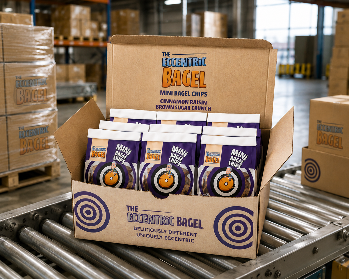 A case of Eccentric Bagel Mini Bagel Chips on a warehouse conveyor, packed and ready to ship