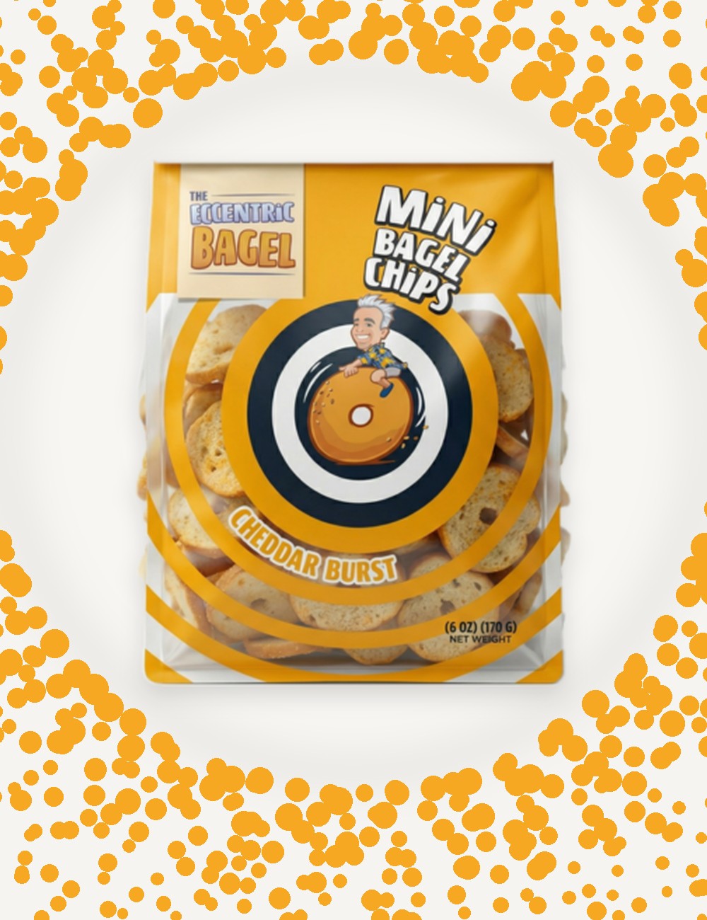 Bag of Eccentric Bagel Mini Chips in Cheddar Burst flavor