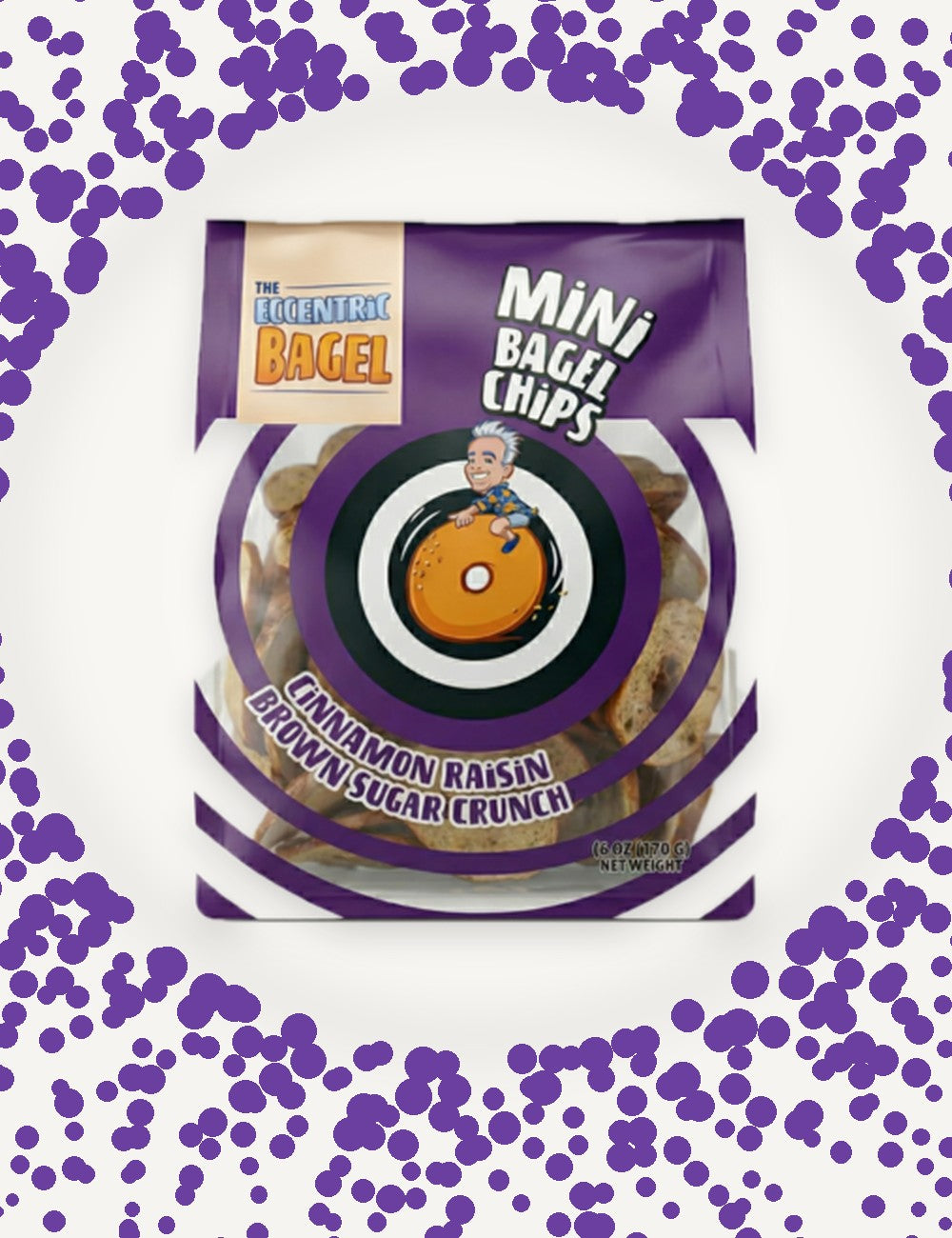 Bag of Eccentric Bagel Mini Chips in Cinnamon Raisin Brown Sugar Crunch flavor