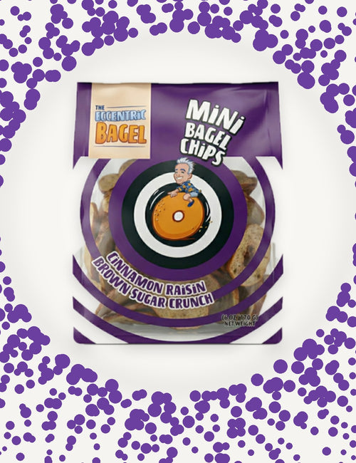 Bag of Eccentric Bagel Mini Chips in Cinnamon Raisin Brown Sugar Crunch flavor