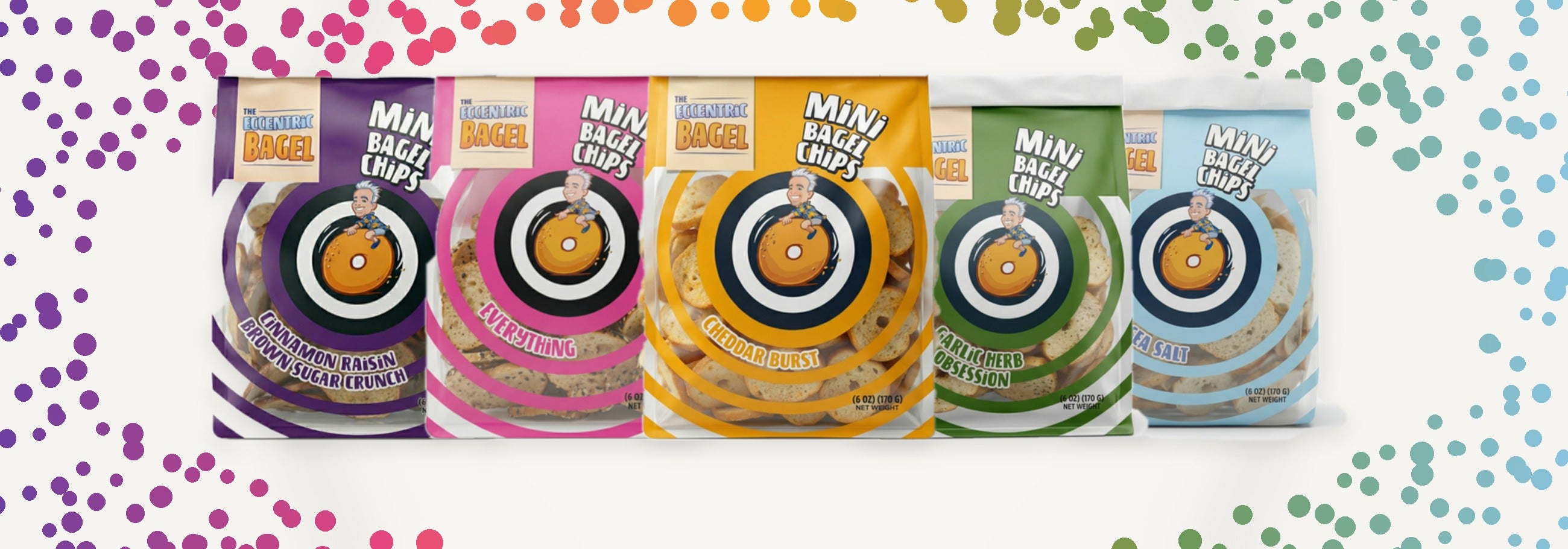 Eccentric Bagel Chips Variety Pack featuring all 5 flavors